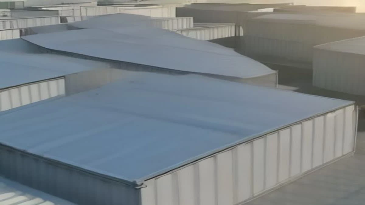 Wide three-quarter view of solar canopies and grey containers under flat diffuse light, documentary style