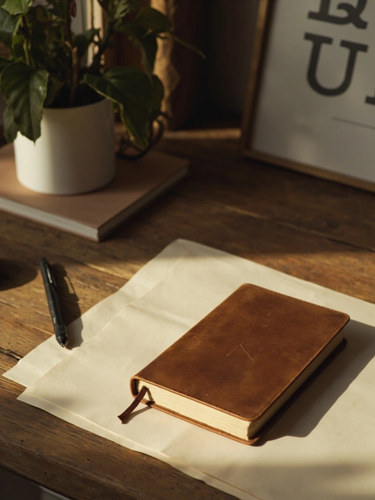 A leather-bound desk diary open on a wooden writing desk, suggesting the practice's handwritten scheduling process